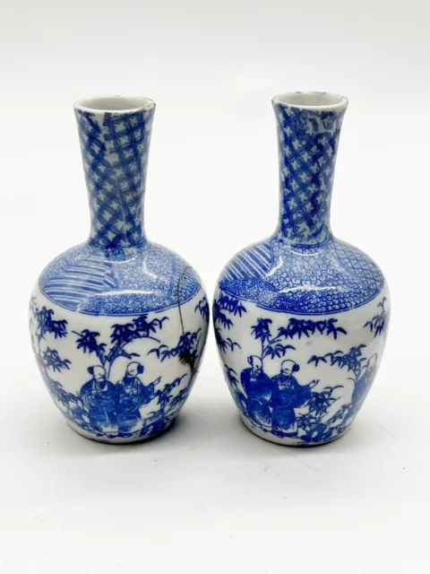 Antique Chinese Pair Of Oriental Blue And White Vases Japanese