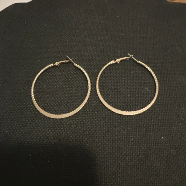 Pierced Lever Back￼ Knife Cut Gold Tone 2 Inch Hoop Earrings