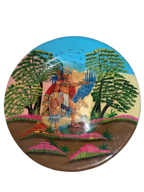 Aztec Round Hanging Plate Of Popo And Itza 16 Inch Plate