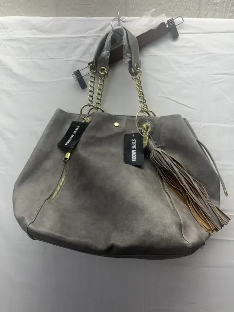 Steve Madden Womens Bwilde Faux Leather Gray Tassle Flat Tote Purse Cosmetic Bag