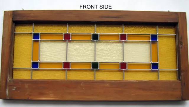 large framed leaded transom stained glass panel*antique wooden window decor art