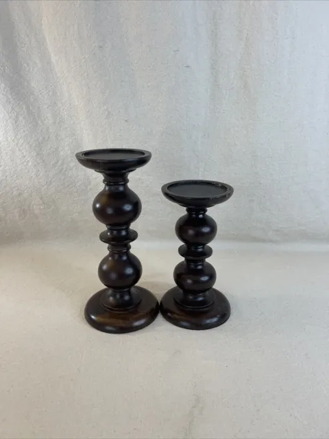 2 Turned Dark Wood 8” & 10” Pillar Candle Holders Farmhouse Cottage Core Cabin