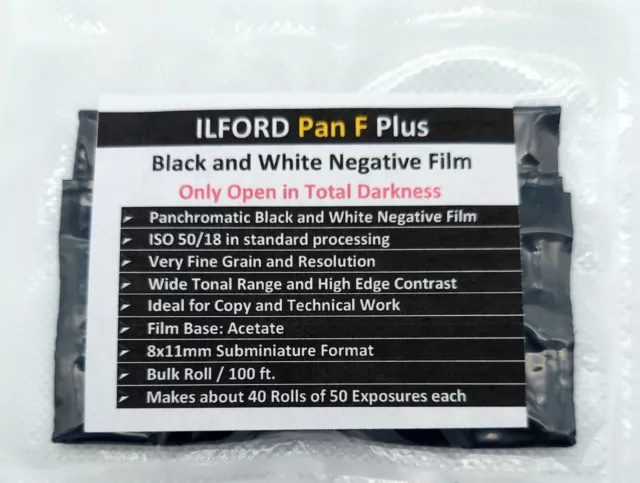 ILFORD Pan F Plus B&W Neg Film, 8x11 Subminiature Minox Format, 100ft Bulk Roll