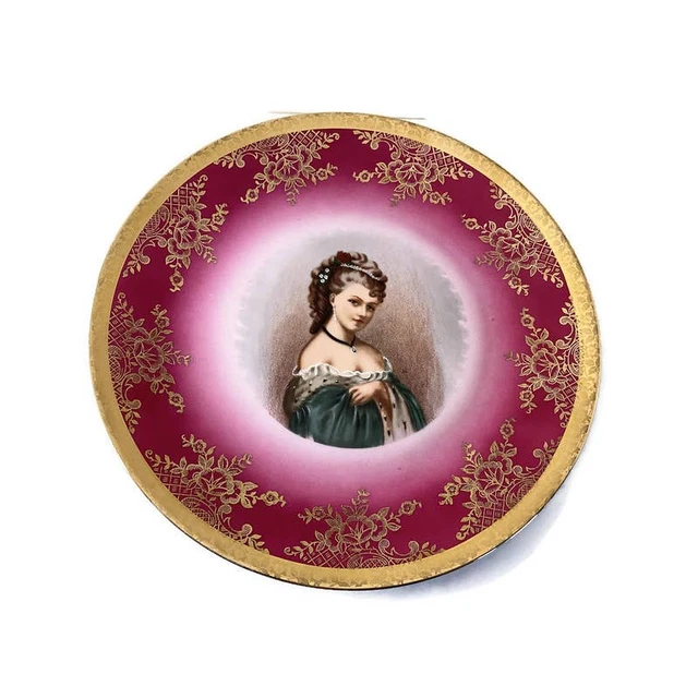 Vintage Bayreuth Bavaria Pink Gold Trim Colonial Portrait Plate Charger 10"