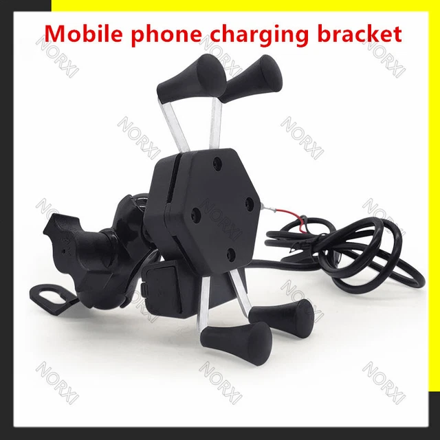 Motorcycle 360 Degree Adjustable Cell Phone Holder Mirror USB Charging Bracket