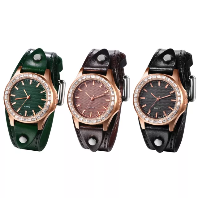 Women's Retro Wide Leather Strap Cuff Quartz Wrist Watch Rhinestone Dial Watches