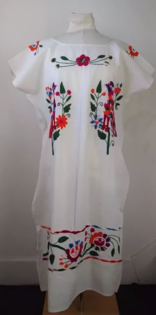 Oaxacan Mexican Dress Huipil Bata M L White Manta Hand Embroidered Birds Flowers