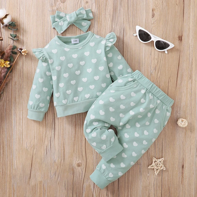 Kids Baby Girls Heart Print Ruffle Romper Tops Pants Headband Set Outfit Clothes 9