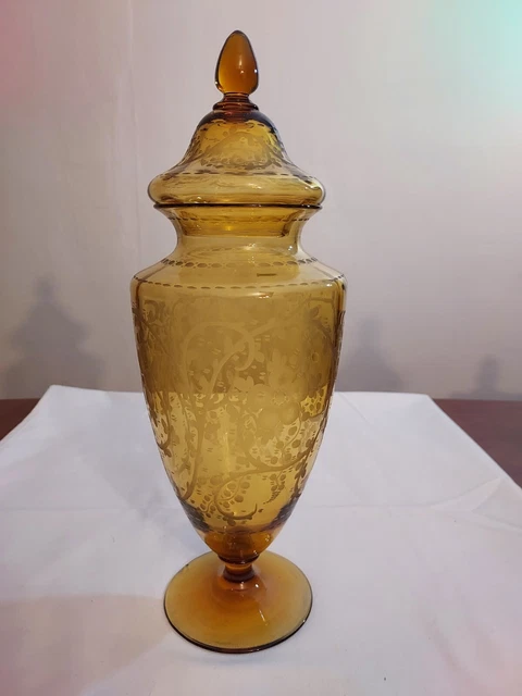 12506 SINCLAIRE Engraved Flowers AMBER URANIUM Glass 14" Covered URN Vase Jar