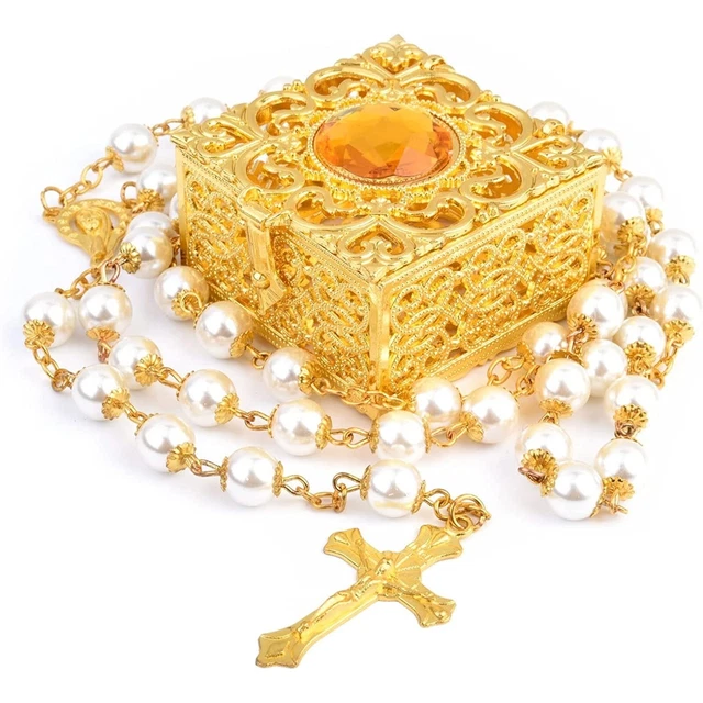 NEW Catholic White Rosary Necklace and Keepsake Box For Girls First Communion
