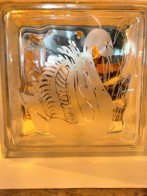 Architectural Wavy Glass Block Brick 7 3/4" x 3 3/4 " With Etched Swan on 1 side