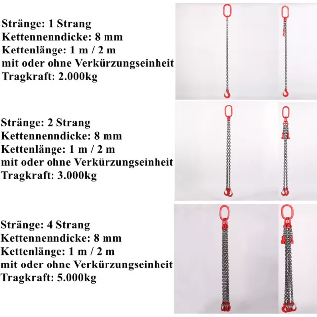 Kettengehänge Anschlagkette Krankette 1-4 Strang 1m 2m Kette 8mm Tragkraft 2-5T