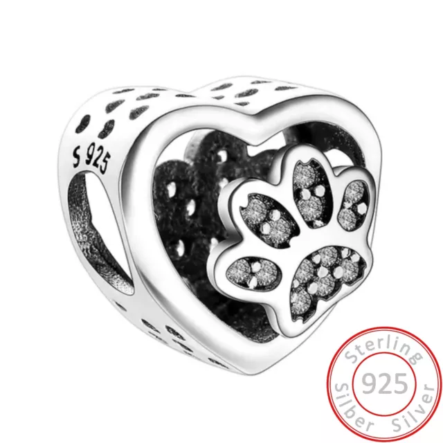 Charms Anhänger Herz Pfote Katze Hund weiß Charm Armband | 925 Sterling Silber