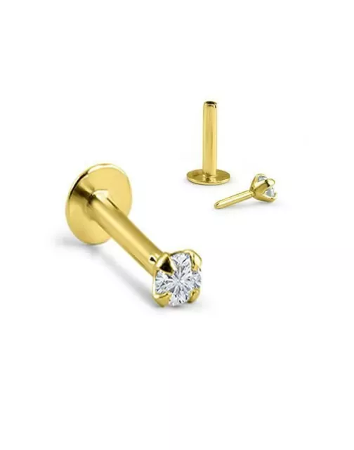 14K Solid Yellow Gold Labret Nose Ring Monroe Push Pin Post Clear 20G