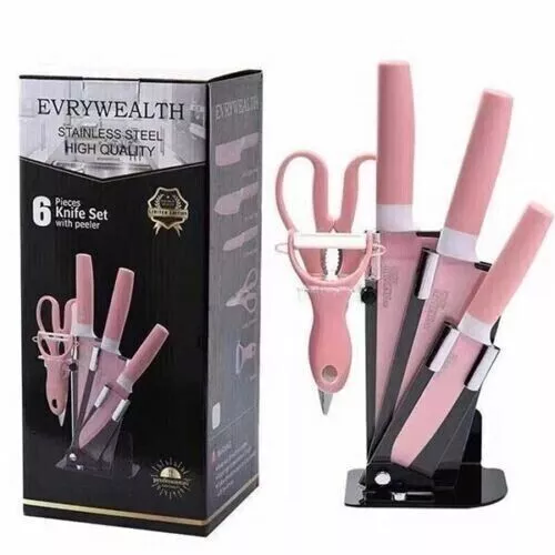 Set da Cucina in Rosa con Coltelli Forbici Pelapatate Manico Ergonomico 6 Pezzi