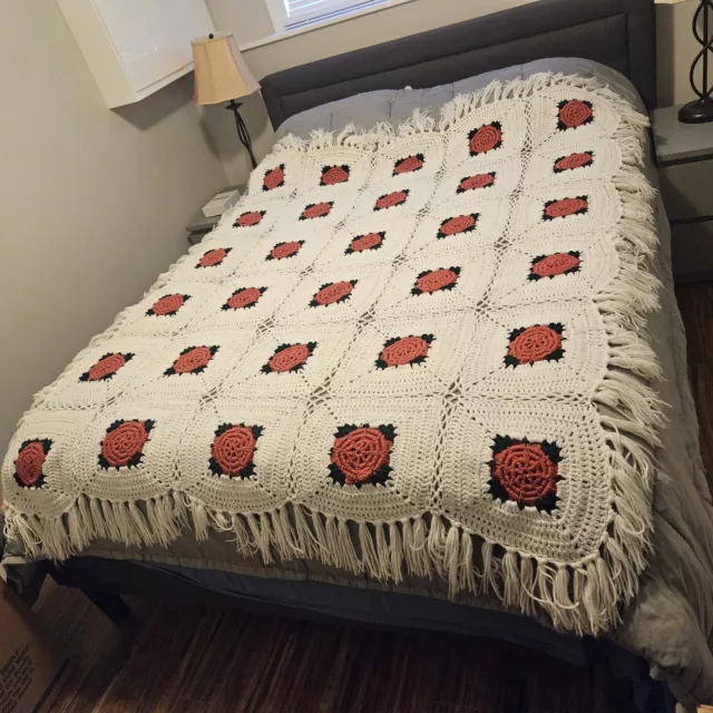 Vtg Hand Crocheted Red 3D Rose Granny Afghan Throw Blanket 5'x6'" Tassels