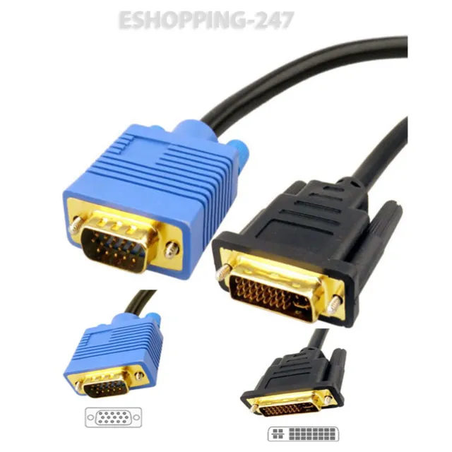 New 1.5M Gold Plated DVI-I To VGA Laptop Cable HD TV Video Monitor LCD Computer