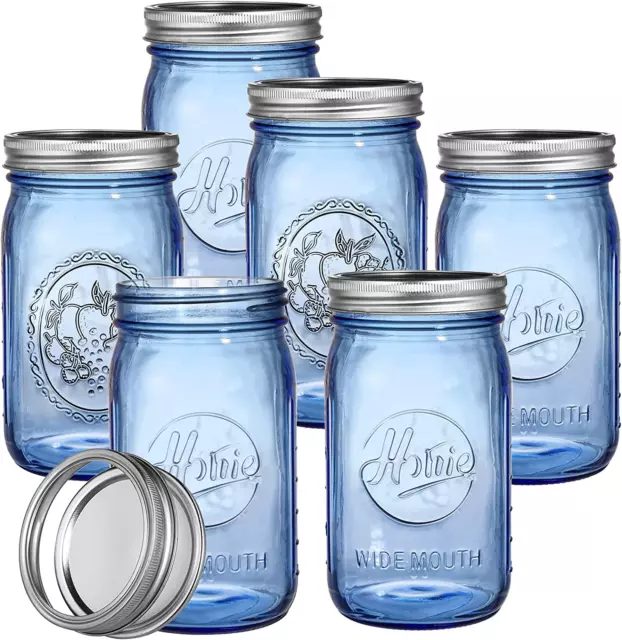 6 Pack Vintage Blue Home Mason Jars with Airtight Lids & Bands, 32Oz Wide Mouth