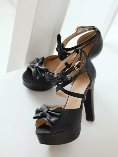 Women Bowknot Block Heels Sweet Peep Toe Cross Strappy Platform Sandals Shoes Sz 3