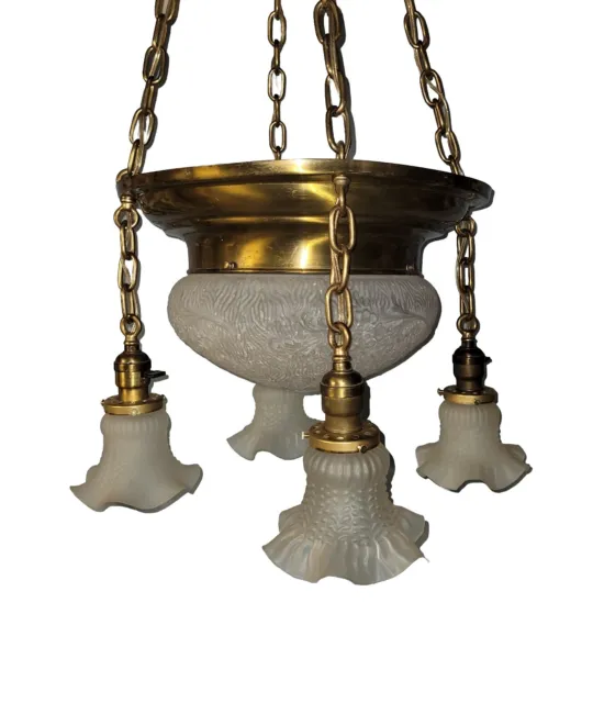 Vtg Art Deco Brass Hanging Dome Pan 5  Light Ceiling Chandelier 4 Arm