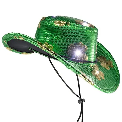 LED Light Up Shamrock St Patrick's Cowboy Hat with 3 Dynamic Light Modes for