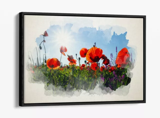 Poppy Field Landscape Watercolour Painting Effect -Float Effect Canvas Art Print