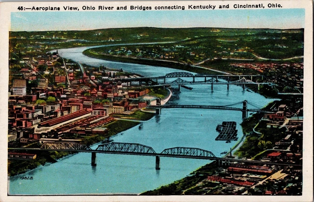 1920 Airplane Aerial View Ohio River Cincinnati, Ohio Newport, Kentucky Postcard