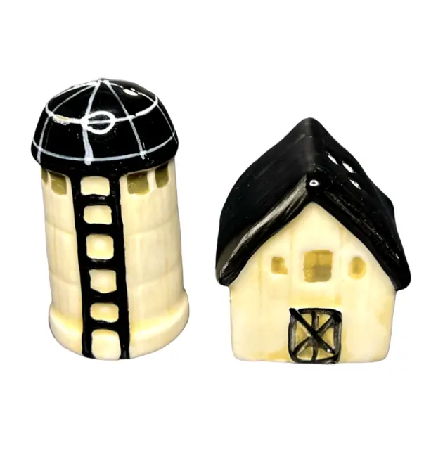Barn and Silo Small Salt and Pepper Shakers Rubber Stoppers 2" Black and White