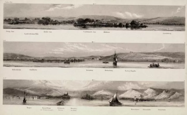 Allisheim, Ockenheim, Bingen, 3 Rheinläufe, Stahlstiche um 1840 von Payne