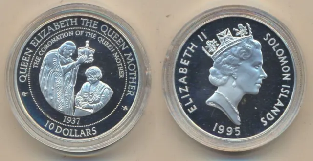 Solomon Islands: 1995 $10 1oz 925 Silver Proof Coronation of The Queen Mother