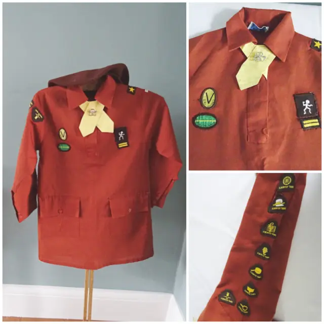 Vintage Brownies Uniform Dress 1970s Girl Guides Cloth Sewn on Badges Tie Beret