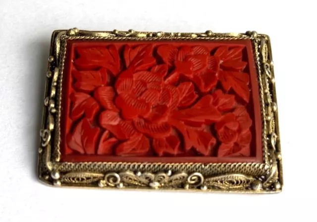Rotlack Broche Plata Vintage China Schnitzlack Asiática