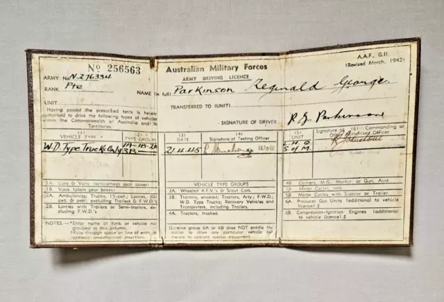 WW11 Australian Military Forces Army Drivers Licence R G Parkinson N276334