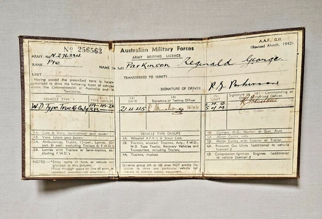 WW11 Australian Military Forces Army Drivers Licence R G Parkinson N276334