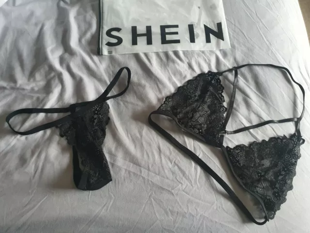 SHEIN BLACK LACE floral sexy harness lingerie bra set size S v string £5.99  - PicClick UK