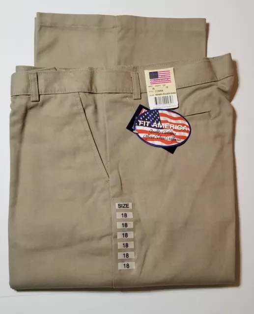 Fit America Khaki School Uniform Plain Front Pants Boys 18 Husky Double Knee