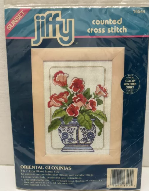 Sunset Jiffy Counted Cross Stitch 16544 ORIENTAL GLOXINIAS 1990  5"x7" completed