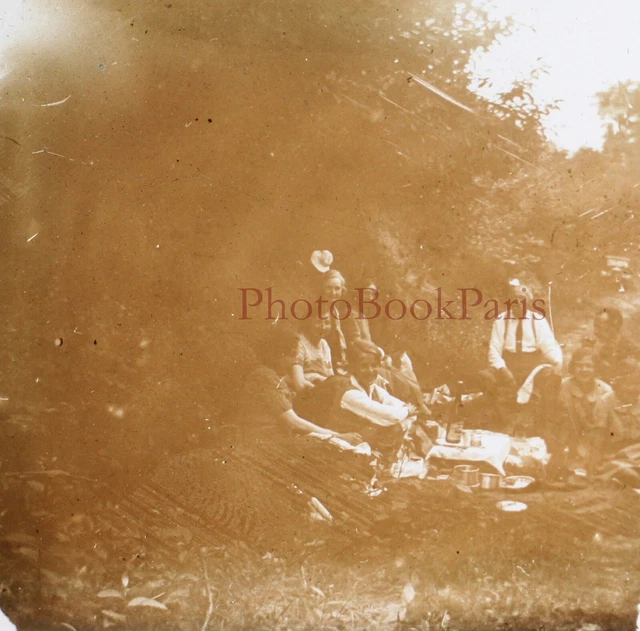 Family Lunch on the Grass c1930 Photo Glass Plate Vintage V28L23n1