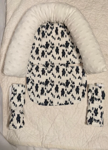 Baby CAR TRAVEL Neck Pillow 2 Strap Covers SUPER SOFT Black & White Bear Trees