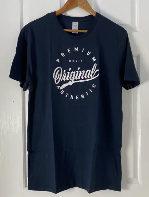 Mens Graphic T Shirt Size XL Navy Blue White Text Premium Authentic Original