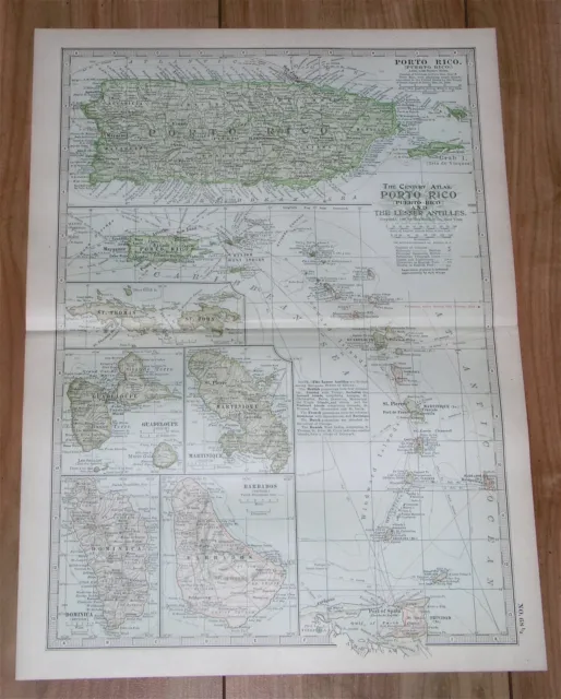 1898 Antique Dated Map Of Puerto Rico Virgin Islands West Indies Caribbean