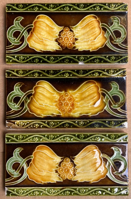 England - 3 Antique Art Nouveau Majolica Border Tiles C1900