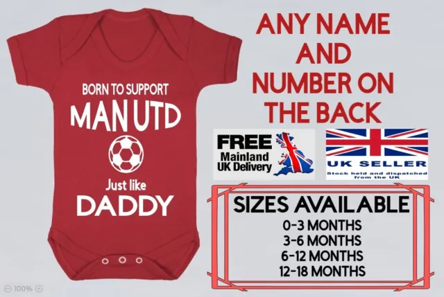 Personalised Man United Born to Support Baby Bodysuits Grows Vest Football