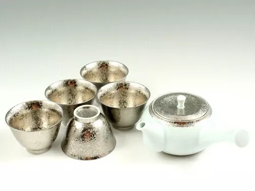 Arita yaki Porcelain Warp Sencha Yunomi Kyusu Tea Pot Cup Platinum Glaze 6set