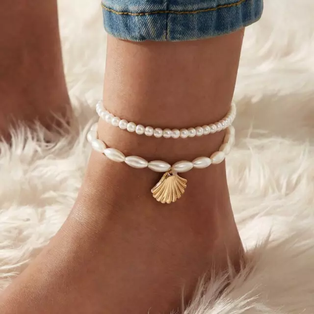 Tibetan Boho Pearl Beads Foot Chain Dangle Gold Shell Ankle Bracelet Anklet Gift