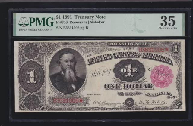 US 1891 $1 Treasury Plain Back Note FR 350 PMG 35 Ch VF (906)