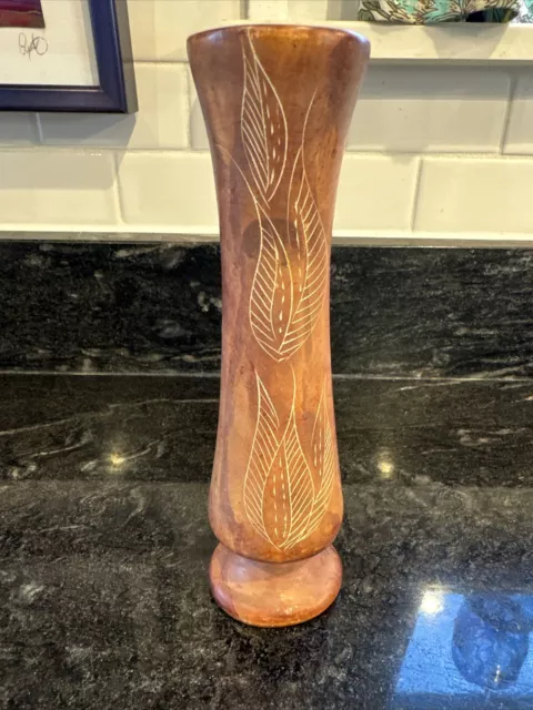 Vintage Hand Carved Soapstone Bud Vase Etched Leaf Design Heavy Pink