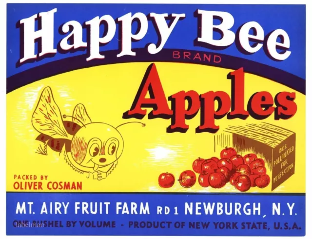 HAPPY BEE Brand, Newburgh, New York  **AN ORIGINAL APPLE FRUIT CRATE LABEL**