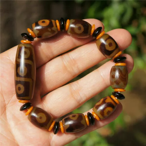 Tibetan DZI Beads Bracelet Old Agate 9 Eyes Totem Amulet Elastic Rope Bangle 1pc