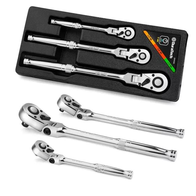 DURATECH 3-Piece Flex-Head Ratchet Set, 1/4", 3/8", 1/2" Drive ratchet, 72-Tooth